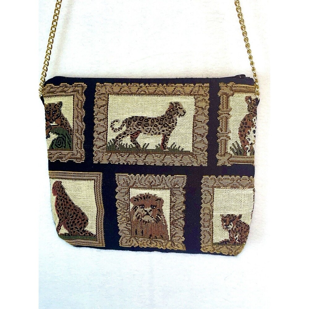 Vintage Doodle Bags Stuart Fla Shoulder Bag Jungle Cats Tapestry Gold Tone Chain